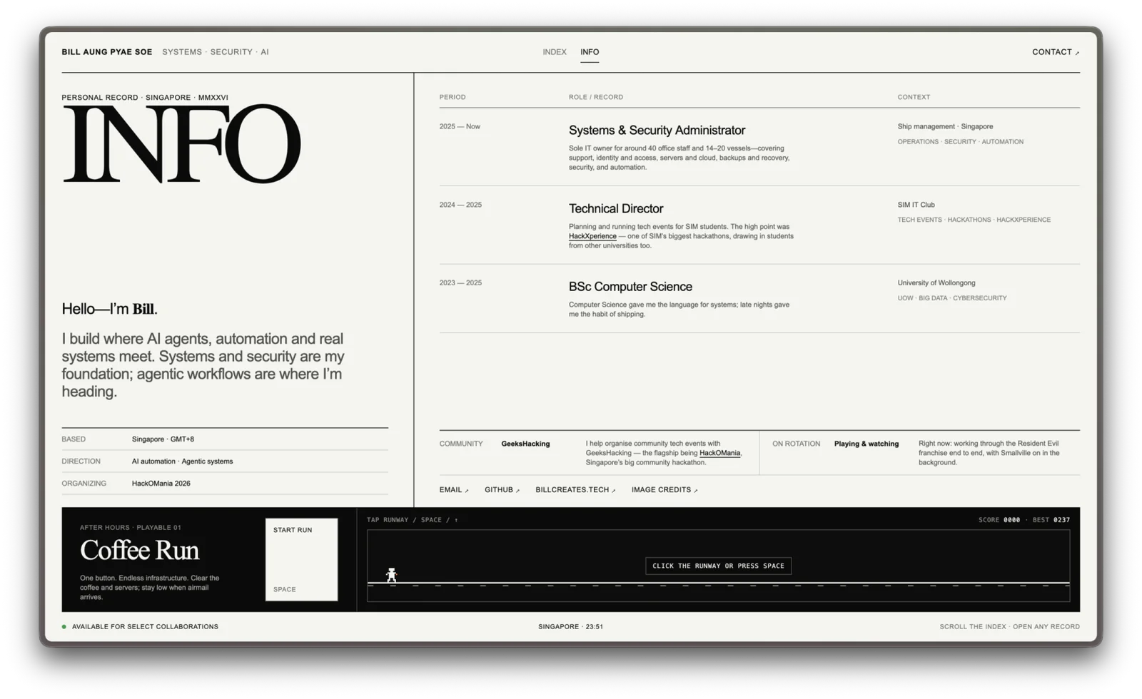 The current portfolio INFO view with the inline Coffee Run game