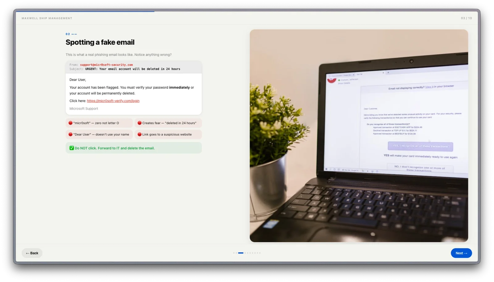 Cybersecurity training lesson identifying signs of a phishing email beside a photograph of a laptop
