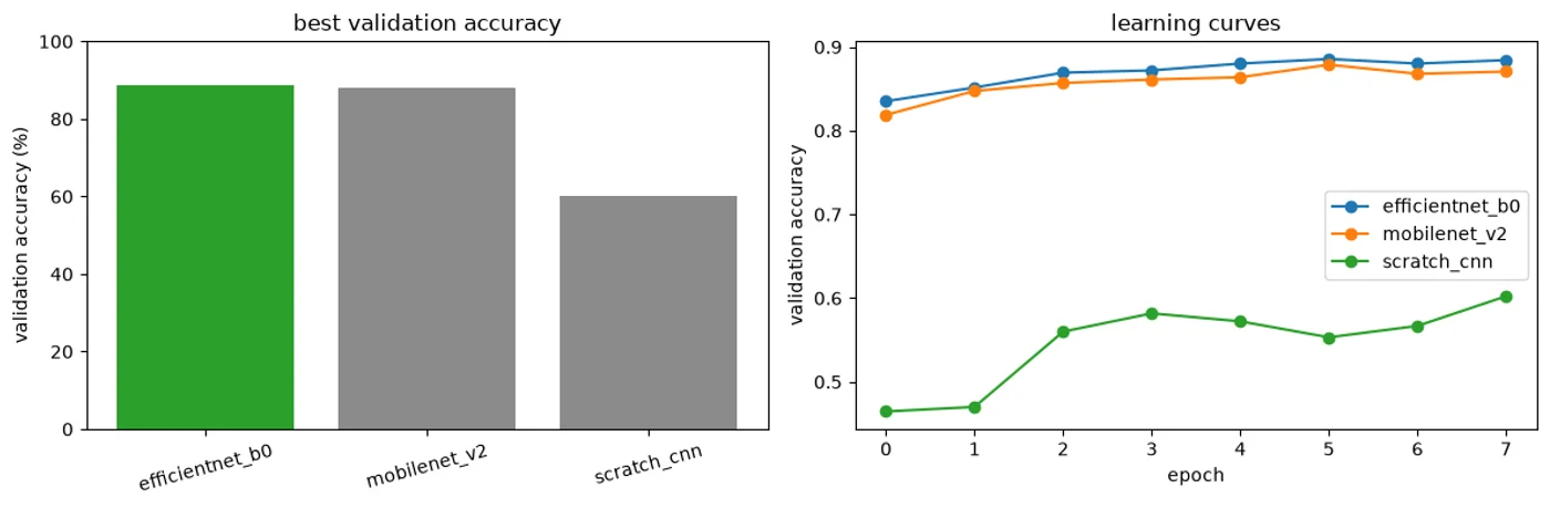 Bar chart of best validation accuracy: EfficientNetB0 88.6%, MobileNetV2 87.9%, and scratch CNN 60.2%; alongside eight-epoch validation learning curves.