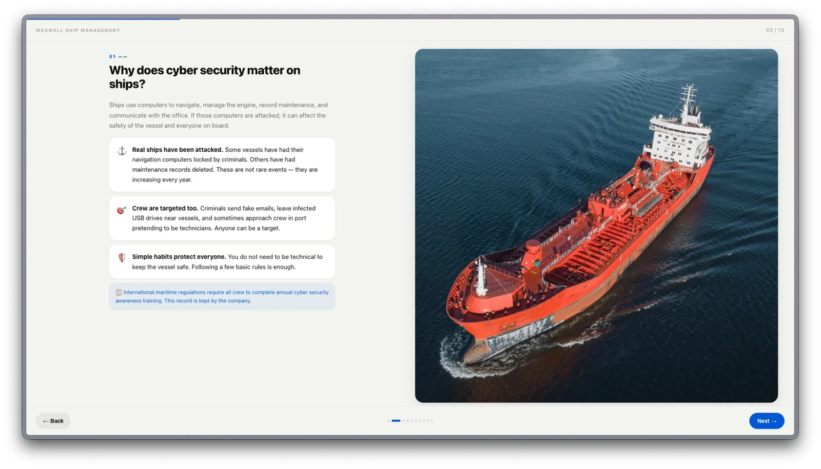 Cybersecurity awareness lesson explaining risks to ships beside an aerial photograph of a tanker vessel