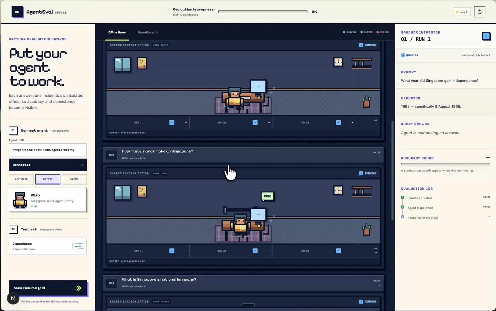 AgentEval pixel office with fifteen sandbox workstations actively evaluating an agent