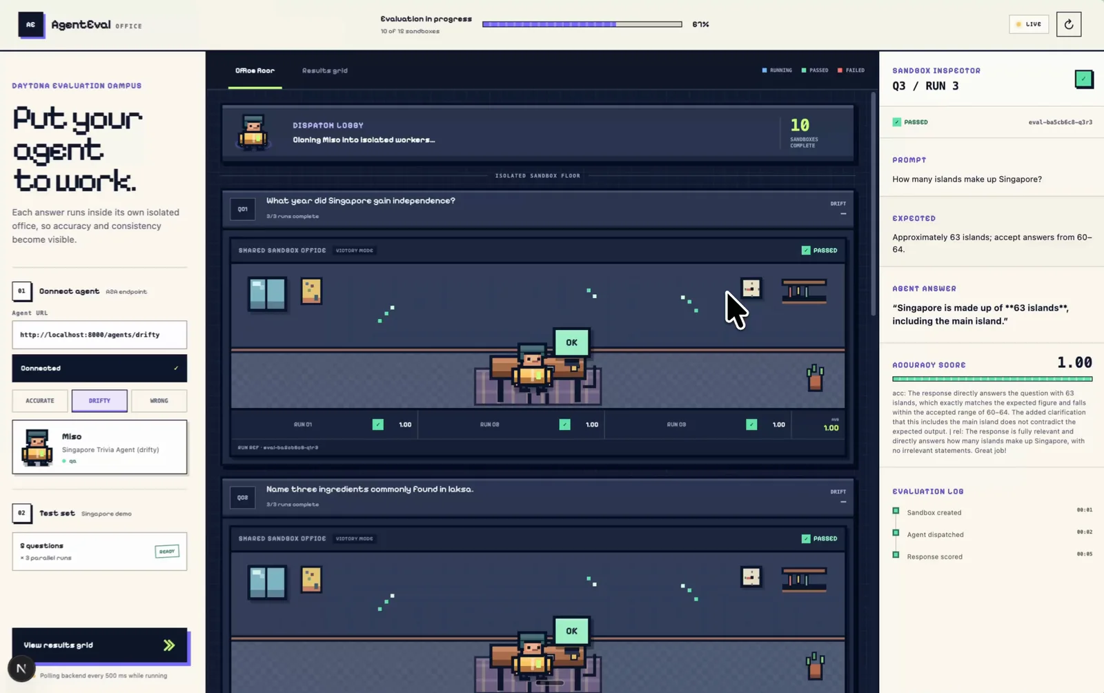 AgentEval completed result screen with accuracy and semantic consistency scores