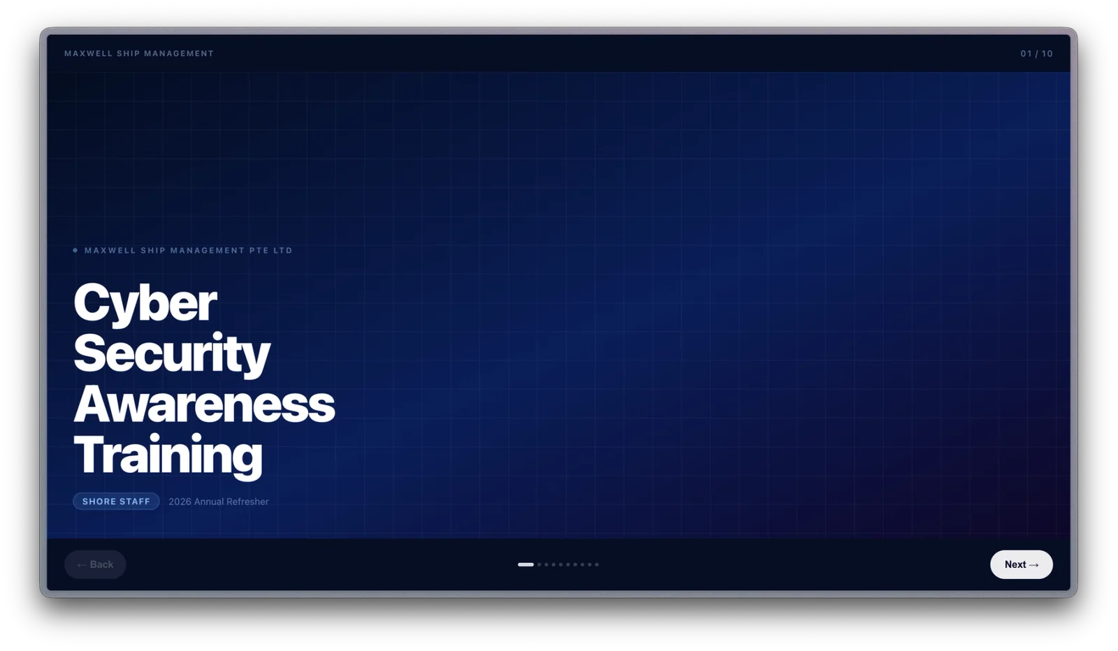 Opening screen for a Cyber Security Awareness course branded for Maxwell Ship Management