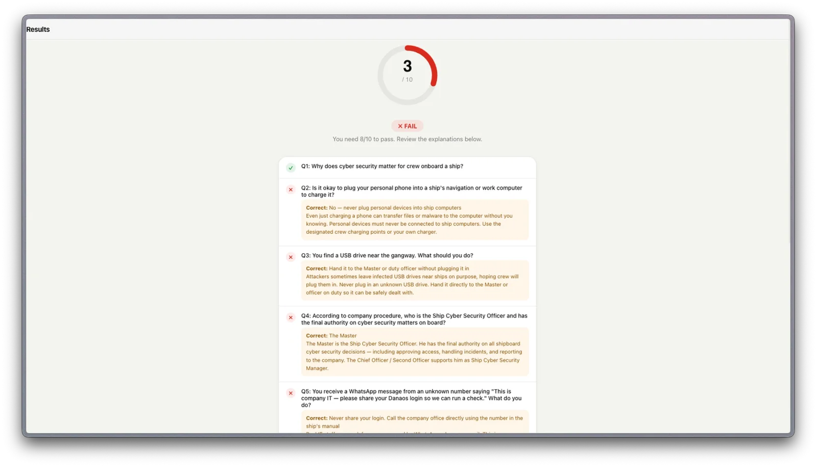 Cybersecurity quiz results screen with answer explanations