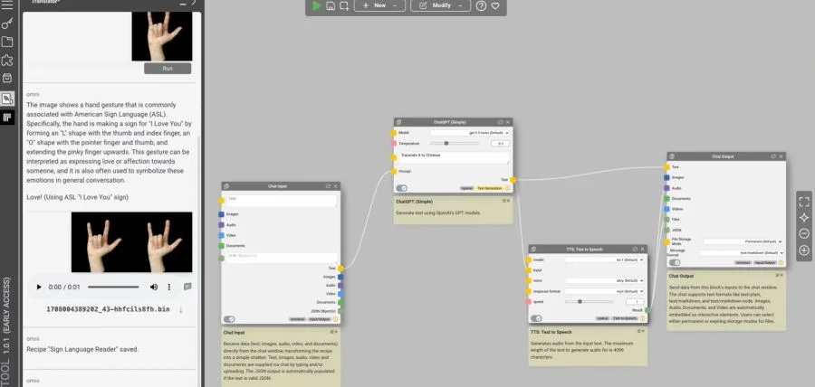 OmniTool workflow connecting an input image, a language model, text-to-speech and chat output