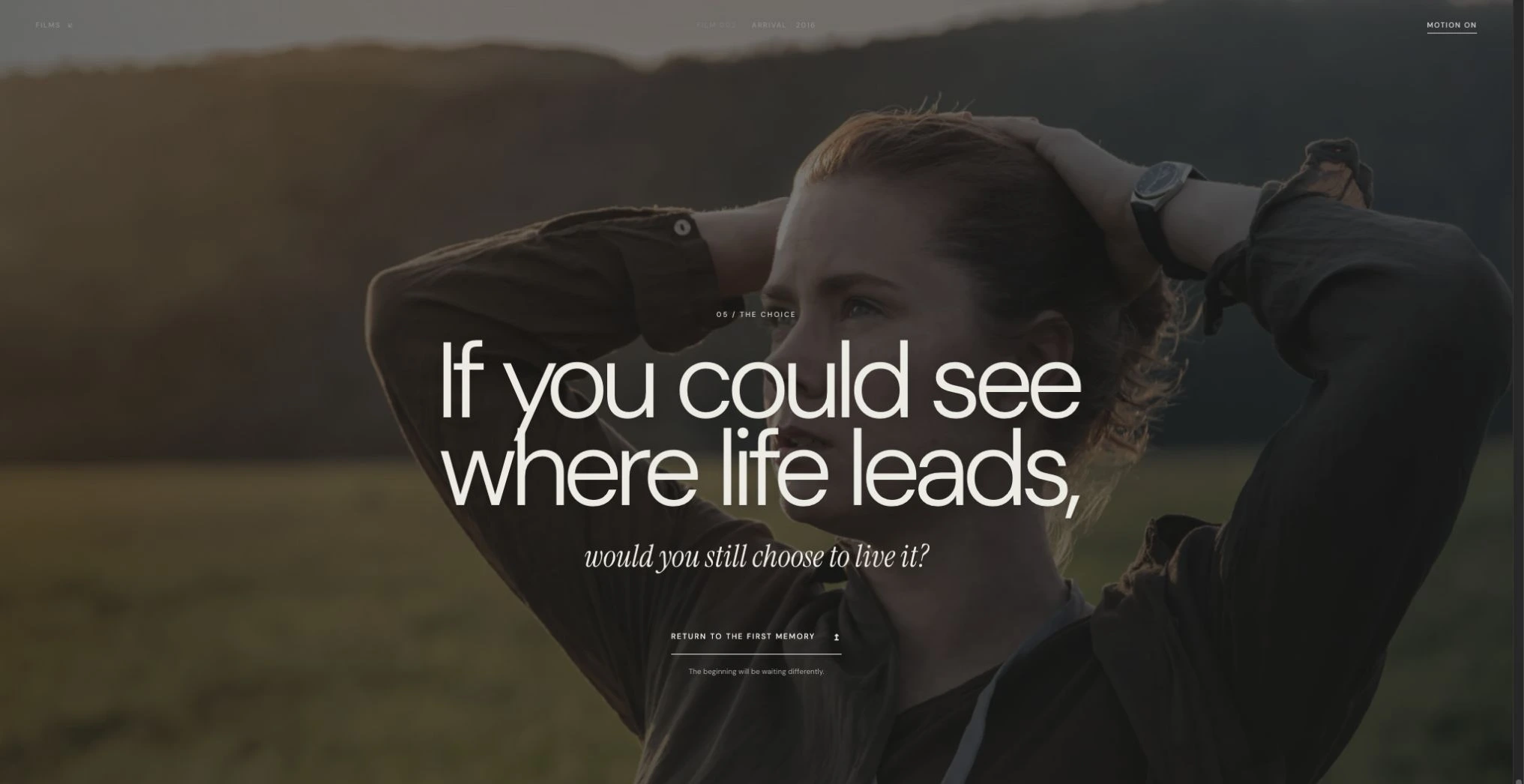 Arrival final choice screen with warm imagery and reflective question