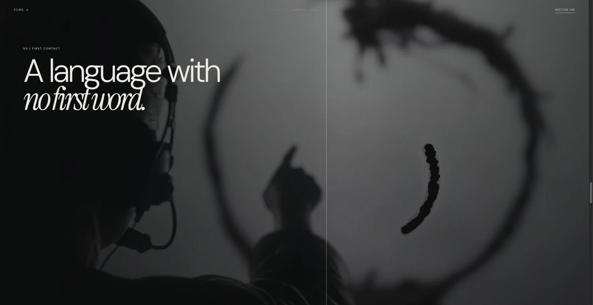 Arrival language scene with a circular heptapod mark and large typography