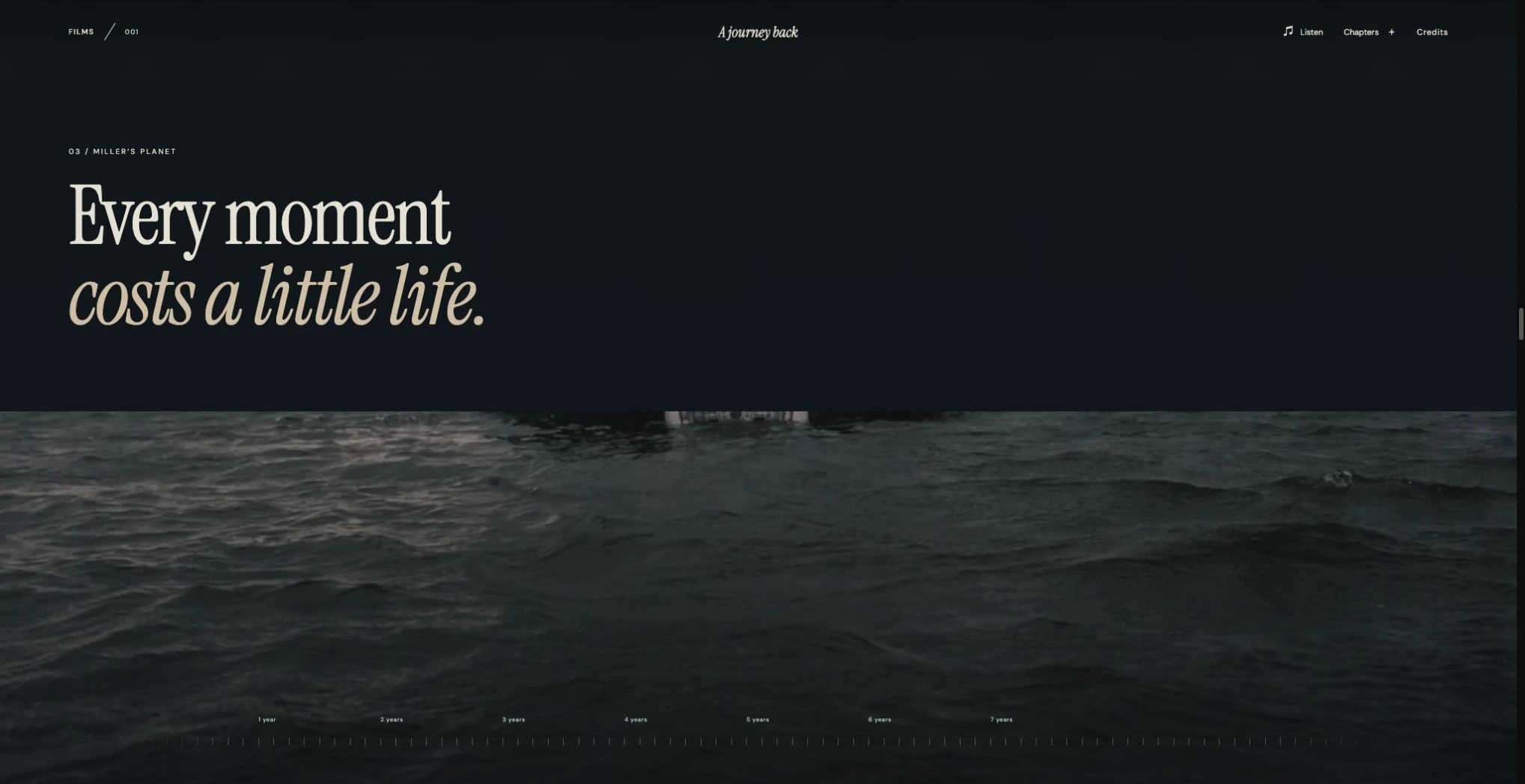 Interstellar time sequence with water scene, large typography and animated time ruler