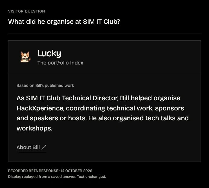 Recorded follow-up answer about HackXperience, technical work, sponsors, speakers, tech talks and workshops. Display recreated from the saved beta response.