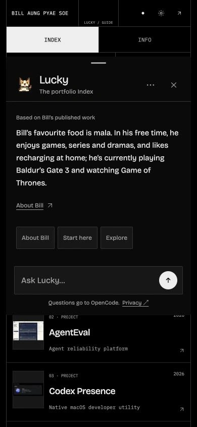 Original mobile beta screenshot: Lucky answers that Bill likes mala, games, series and dramas, and recharging at home, with an About Bill link.