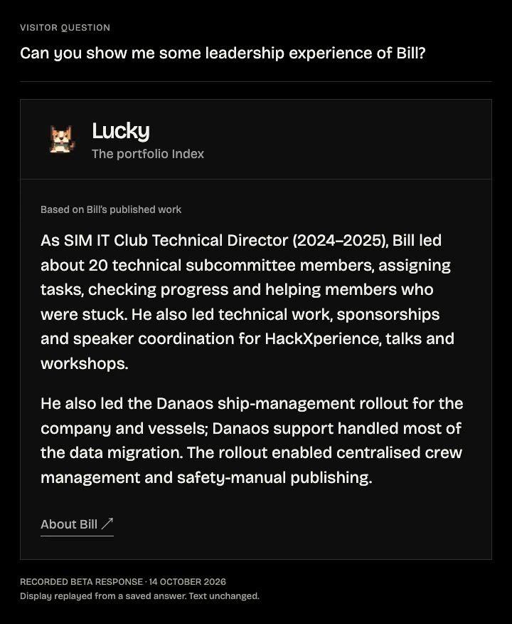 Recorded Lucky answer describing Bill’s SIM IT Club technical leadership and Danaos rollout contribution, with an About Bill source link. Display recreated from the saved beta response.