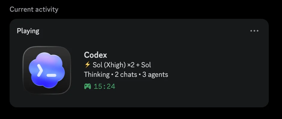 Discord Rich Presence showing Codex thinking with model and reasoning effort