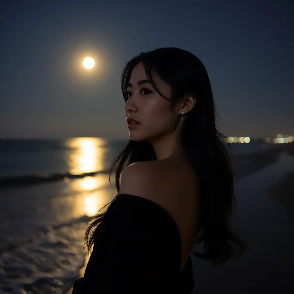 Existing After hours portrait example of a woman beside the ocean in evening light