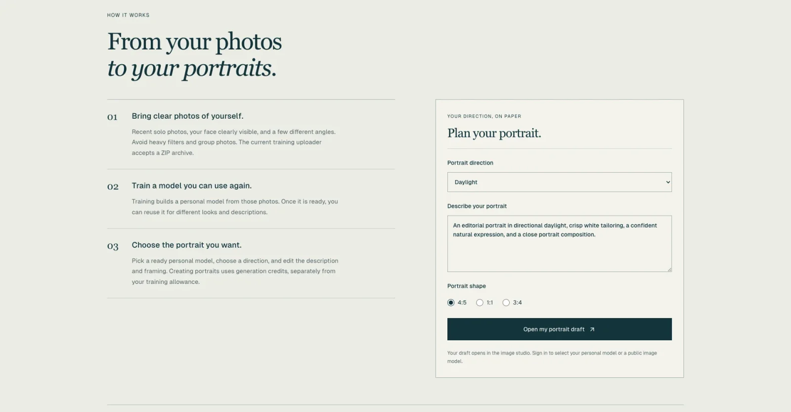 Current SnapFace portrait planner with direction, description and framing controls beside the photo preparation steps